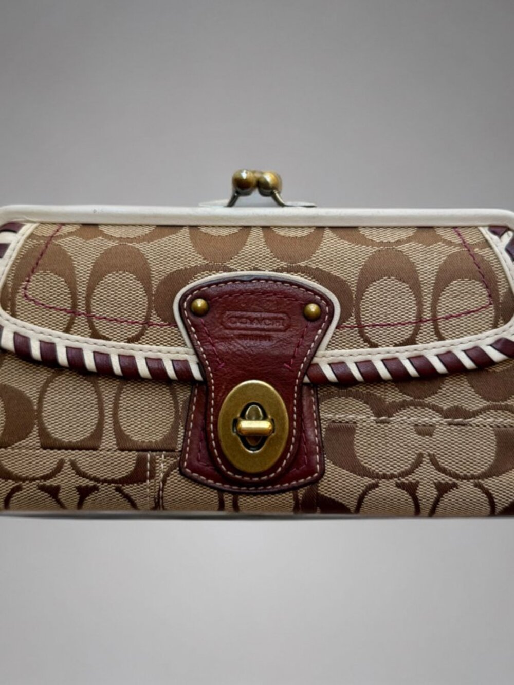 Coach Brown Stitch Signature Turnlock Kisslock Long Wallet
